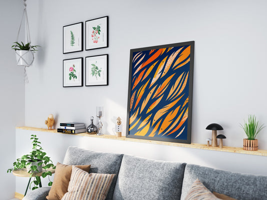 Swimming Goldfish print, interiors artwork, orange artwork, cool surface pattern, cool home art, vibrant wall art, colourful interior art