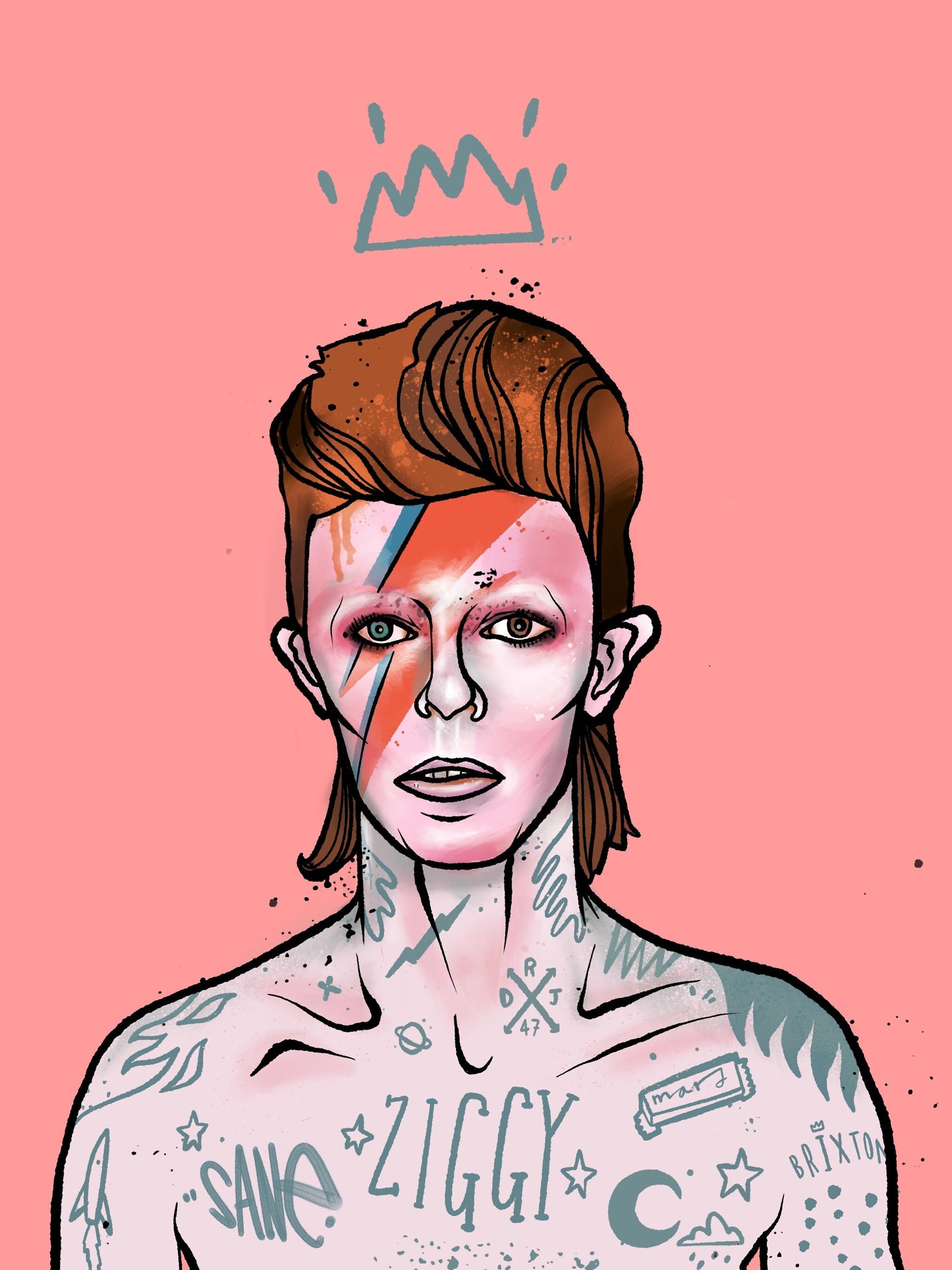 Tattooed Bowie, david bowie, tattoos, tattooed icon, ziggy stardust, aladdin sane, brixton
