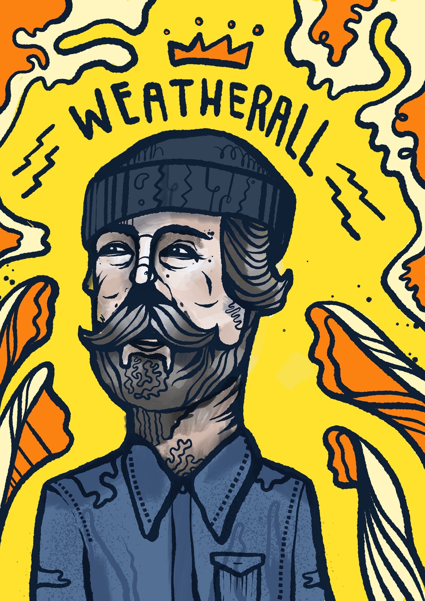 Close-up of detailed illustration of DJ Andrew Weatherall