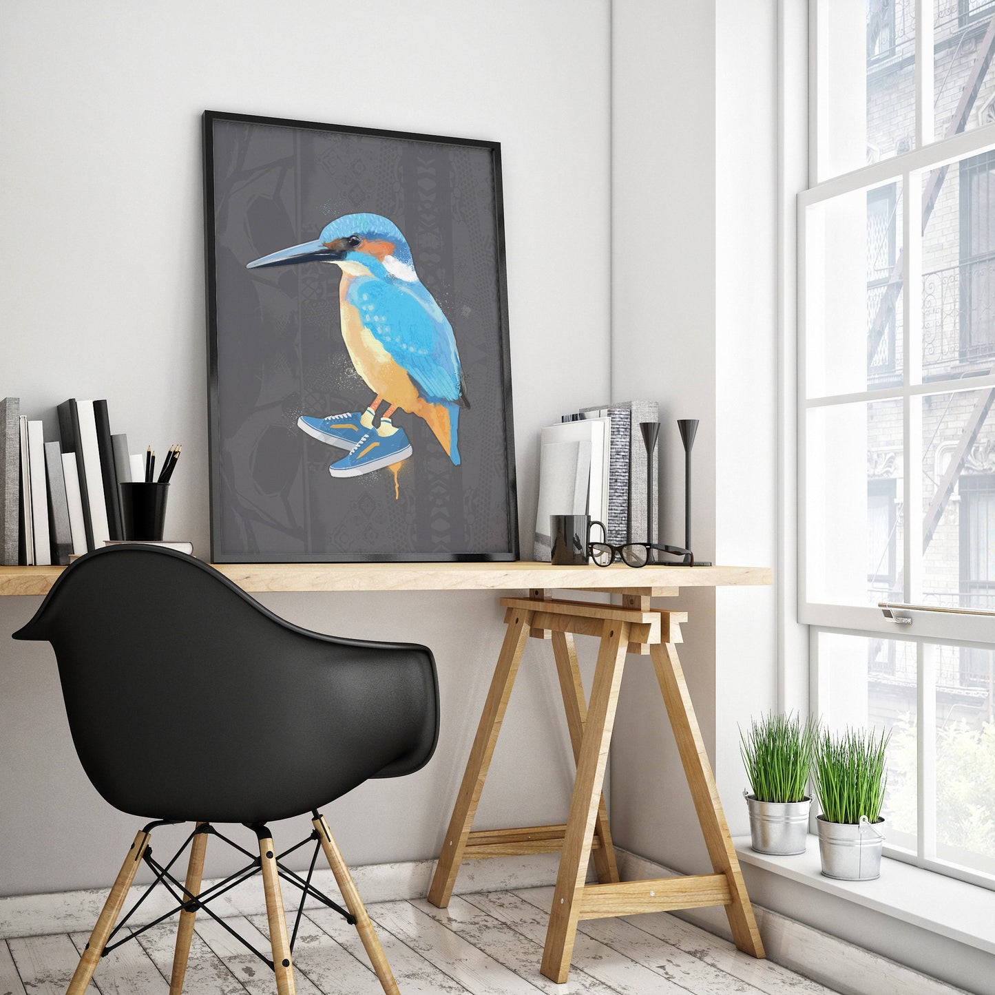 Kingfisher Wall Art, Cool Bird print, British Bird Print, Quirky Bird illustration, Vans Sneakers, Bird Art, Bird Watcher Gift