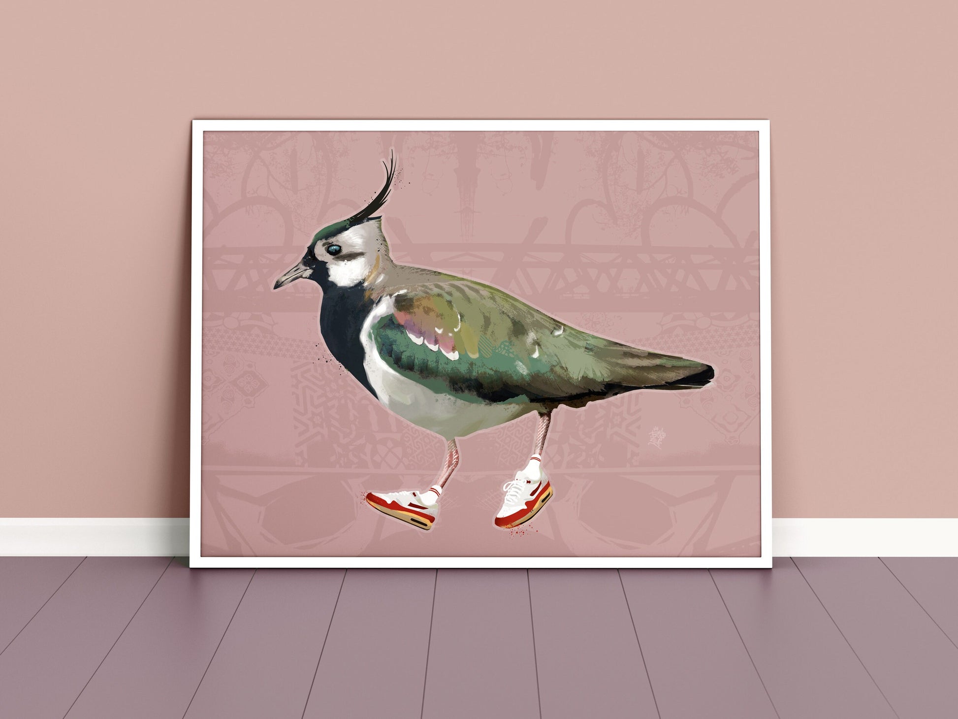 Lapwing in Nike Air Max 1 sneakers pink A3 print