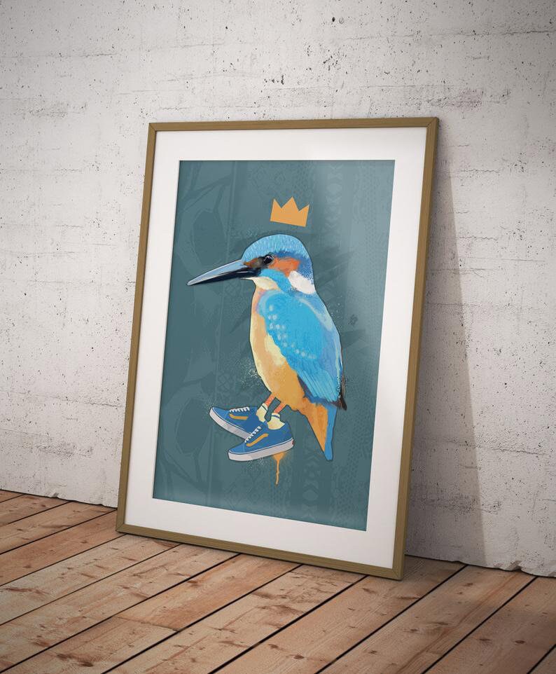 Kingfisher Print, Rare British Birds, Quirky Bird Print, Cool Bird illustration, Bird Poster, Ornithology, Cool Sneakers, Bird Watching