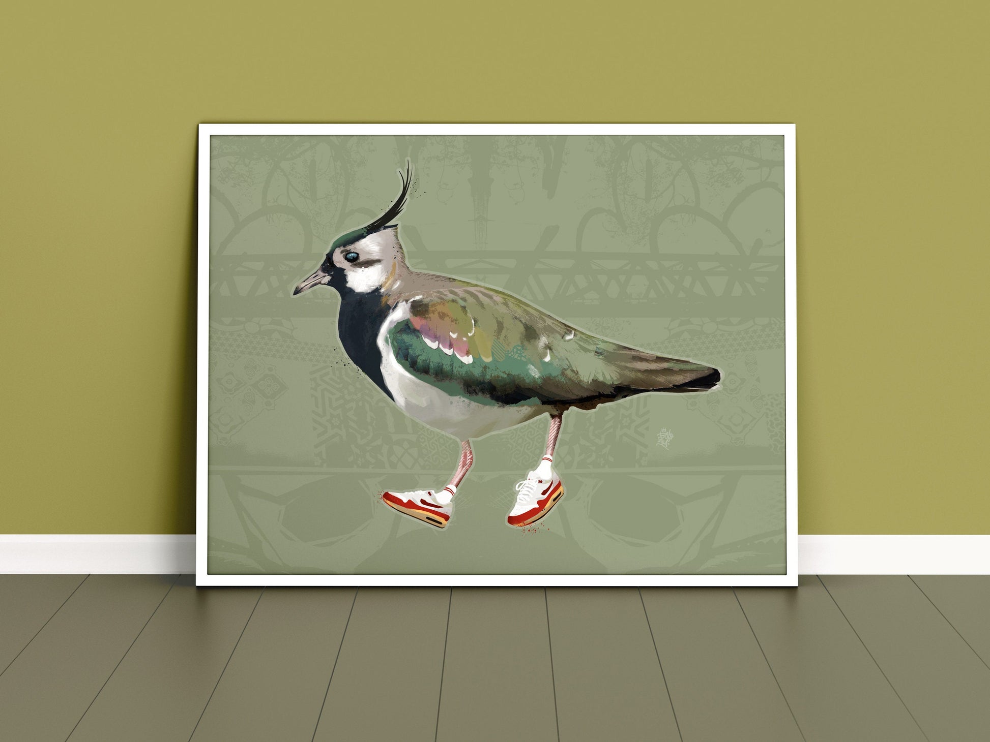 Lapwing in Nike Air Max 1 sneakers pale green A3 print