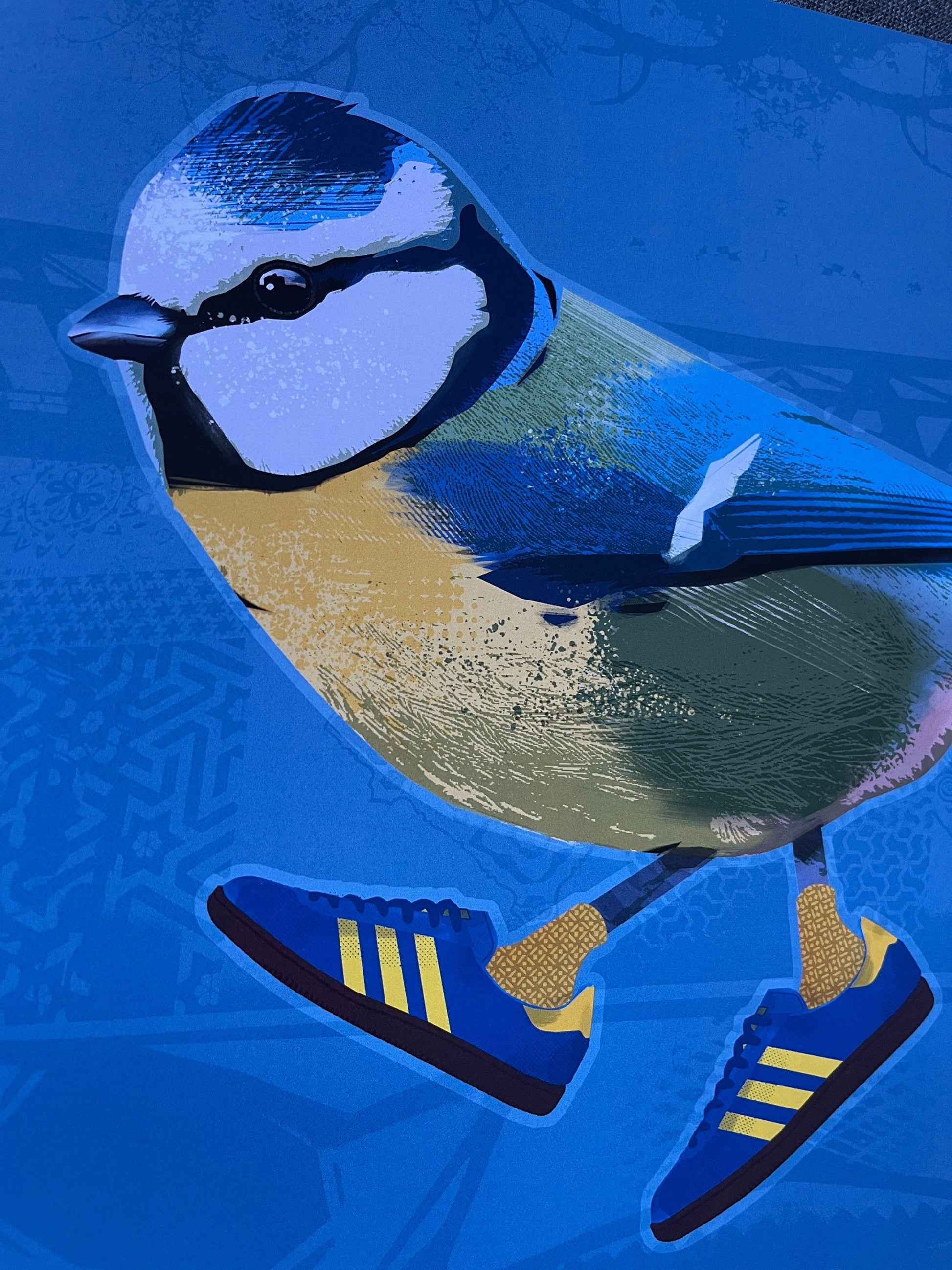 illustrated Blue tit in Adidas trainers print