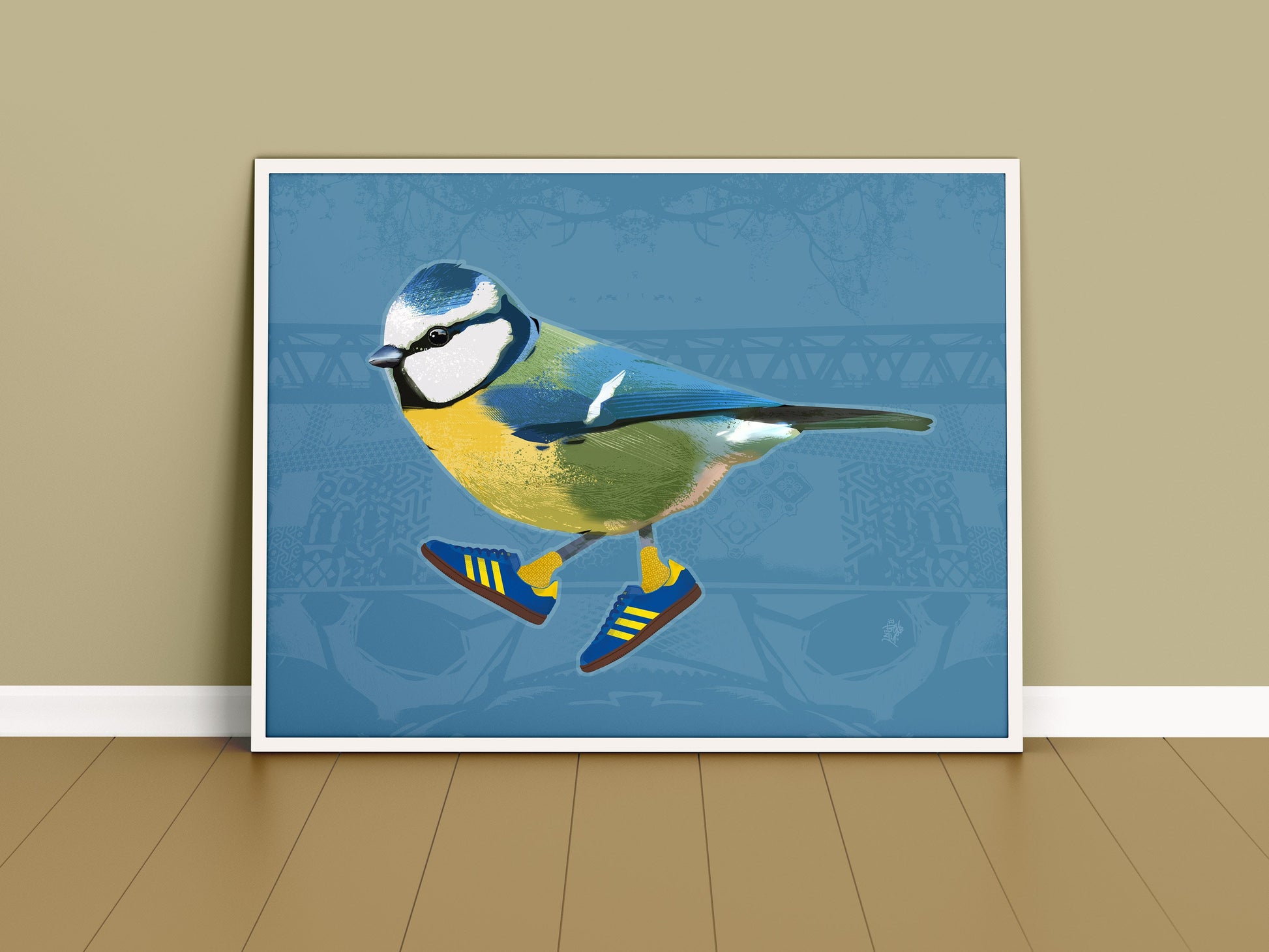 illustrated Blue tit in Adidas trainers print