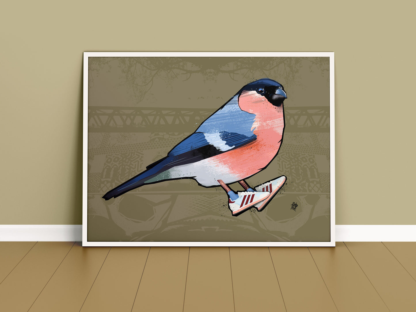 A3 Bullfinch Print, British Birds, Bird Print, Bird illustration, Bird Poster, Bird Art, Ornithology, Sneakers, Trainers, gifts for him
