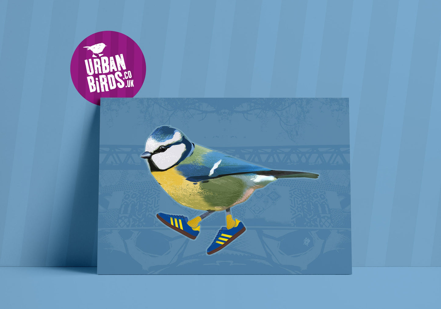 illustrated Blue tit in Adidas trainers print