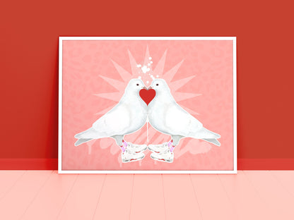 Framed Love Doves Valentine&#39;s edition print displayed on a wall