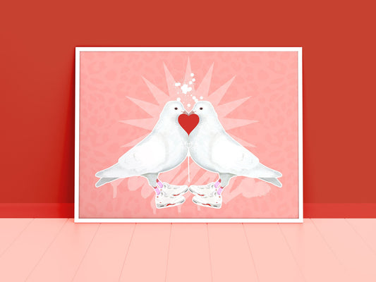 Framed Love Doves Valentine&#39;s edition print displayed on a wall