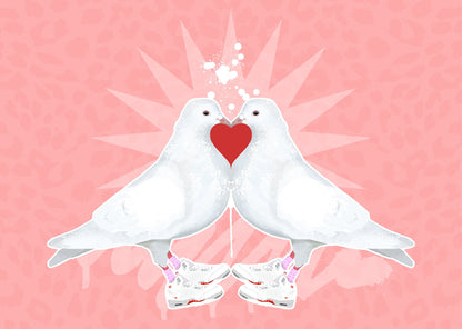 Close-up of Love Doves illustration with intricate details and heart accents