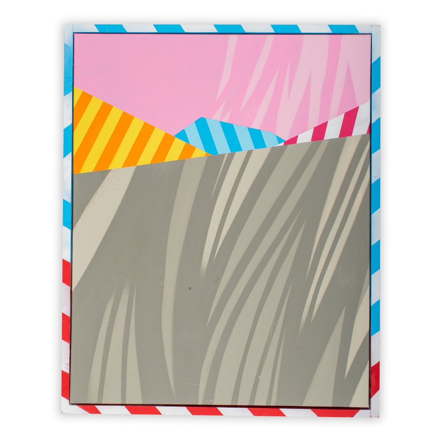 "Abstract geometric painting with pink sky, striped mountains, and grey foreground created with aerosol paint."